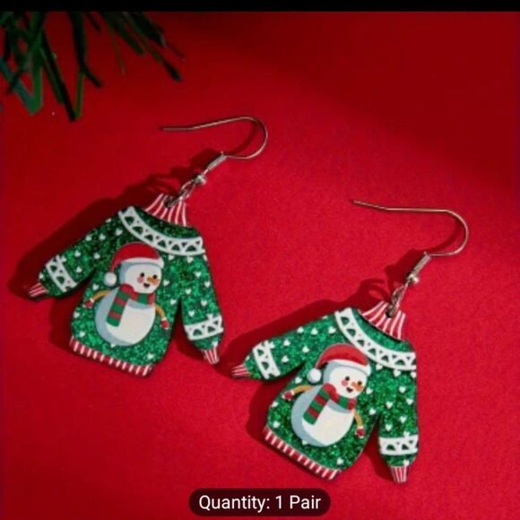 Christmas earrings snowman sweater dangle acrylic new e70 - Picture 3 of 3